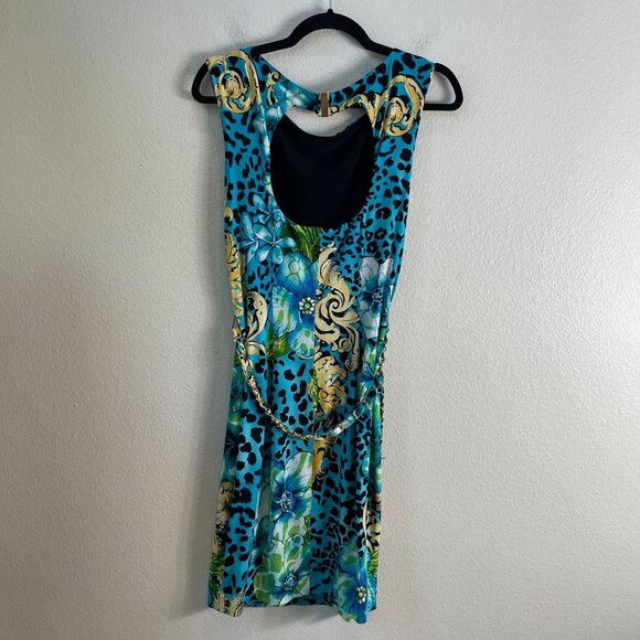 Cache Womens Medium Blue Floral Leopard Print Sleeveless Sheath Dress Chain Belt - Picture 11 of 12